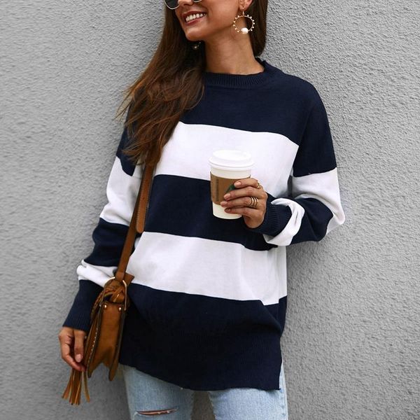 women's sweaters long sleeve crew neck striped color block casual loose knitted sweater pullover, White;black
women's sweaters long sleeve crew neck striped color block casual loose knitted sweater pullover, White;black