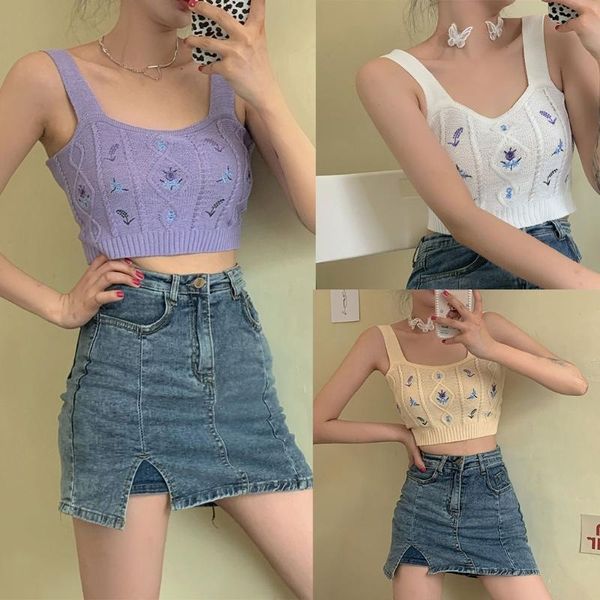 women summer knitted sleeveless crop sweet floral embroidery slim short vest square neck harajuku casual camis y1ac women's tanks &, White
women summer knitted sleeveless crop sweet floral embroidery slim short vest square neck harajuku casual camis y1ac women's tanks &, White
