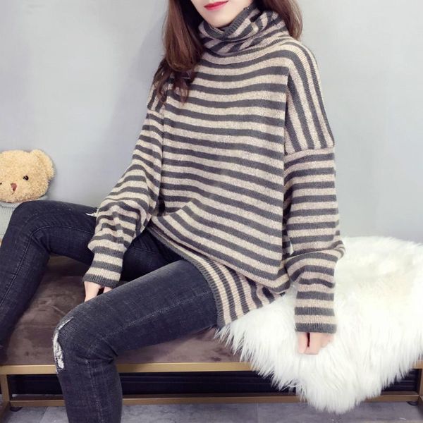 women's sweaters 2021 fall/winter lazy style sweater women pullover loose high neck temperament thick striped student fashion, White;black
women's sweaters 2021 fall/winter lazy style sweater women pullover loose high neck temperament thick striped student fashion, White;black