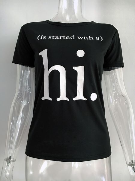 fashion t-shirts 9210#2021 hi letter print women's short sleeve round neck, White