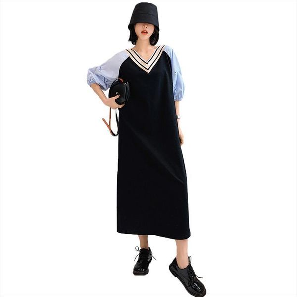 korean puff sleeve loose women dress webbing v neck long vestidos robe elbise summer, Black;gray
korean puff sleeve loose women dress webbing v neck long vestidos robe elbise summer, Black;gray