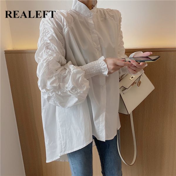 spring white color women's shirt female blouse stand collar puff sleeve korean style casual loose blouses 210428
spring white color women's shirt female blouse stand collar puff sleeve korean style casual loose blouses 210428