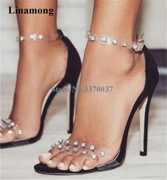 luxurious open toe pvc straps rhinestone stiletto heel sandals ankle strap buckle crystal stud high wedding heels, Black
luxurious open toe pvc straps rhinestone stiletto heel sandals ankle strap buckle crystal stud high wedding heels, Black