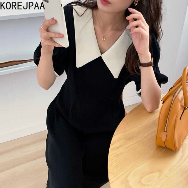 korejpaa women dress summer french hepburn style lapel contrast color slim-fit strap high-waisted loose puff sleeve vestido 210526, Black;gray
korejpaa women dress summer french hepburn style lapel contrast color slim-fit strap high-waisted loose puff sleeve vestido 210526, Black;gray
