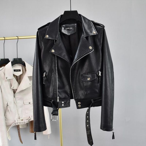 women's leather & faux fall rivet suit collar women retro snake print short fake woman pu street clothes, Black
women's leather & faux fall rivet suit collar women retro snake print short fake woman pu street clothes, Black
