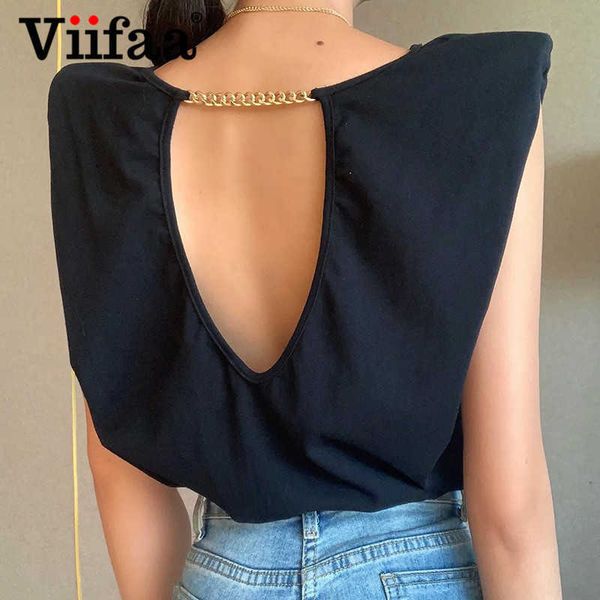 viifaa chain detail backless woman tshirts shoulder pad summer ladies black casual oversized t shirt y0621, White
viifaa chain detail backless woman tshirts shoulder pad summer ladies black casual oversized t shirt y0621, White