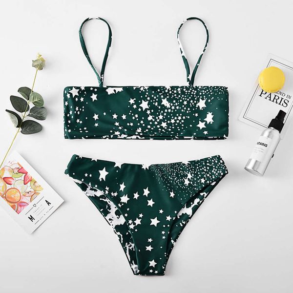 swimsuit star print split women's swimsuit, White;black