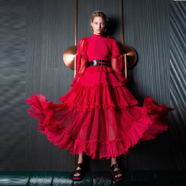 est red ankle length women dresses with flounce see thru full sleeves high collar a-line female dress party casual, Black;gray
est red ankle length women dresses with flounce see thru full sleeves high collar a-line female dress party casual, Black;gray