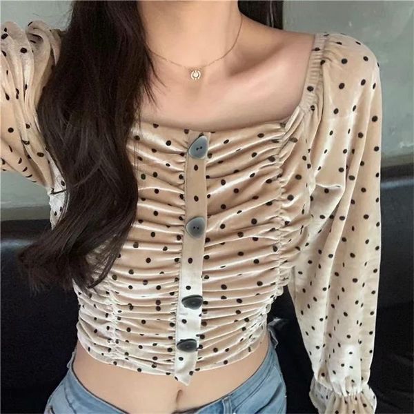 women's blouses & shirts velvet elegant blouse women autumn winter long sleeve polka dot and fashion 2021, White 
women's blouses & shirts velvet elegant blouse women autumn winter long sleeve polka dot and fashion 2021, White