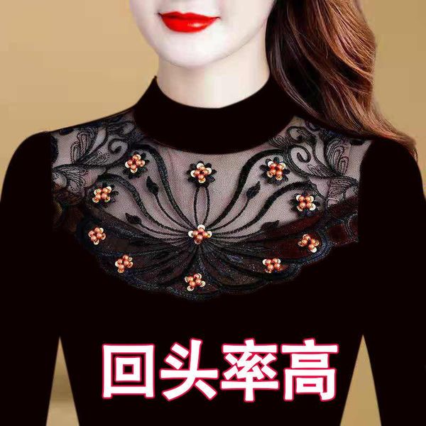 women's t-shirt woman tshirts turtleneck lace mesh plus size long sleeve mujer camisetas, White
women's t-shirt woman tshirts turtleneck lace mesh plus size long sleeve mujer camisetas, White