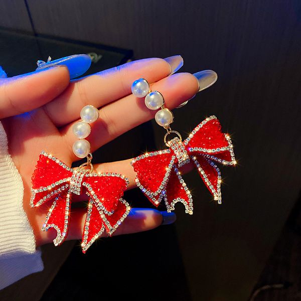 925 silver needle full diamond red bow pearl earrings designer east gate earrings temperament design ear jewelry