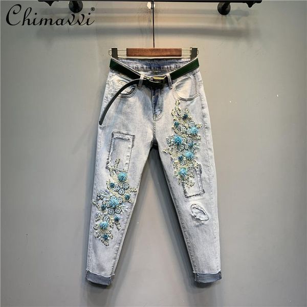 women's jeans fashion beads rhinestones washed three-dimensional flowers patchwork denim pants female's stretch cropped trousers, Blue
women's jeans fashion beads rhinestones washed three-dimensional flowers patchwork denim pants female's stretch cropped trousers, Blue