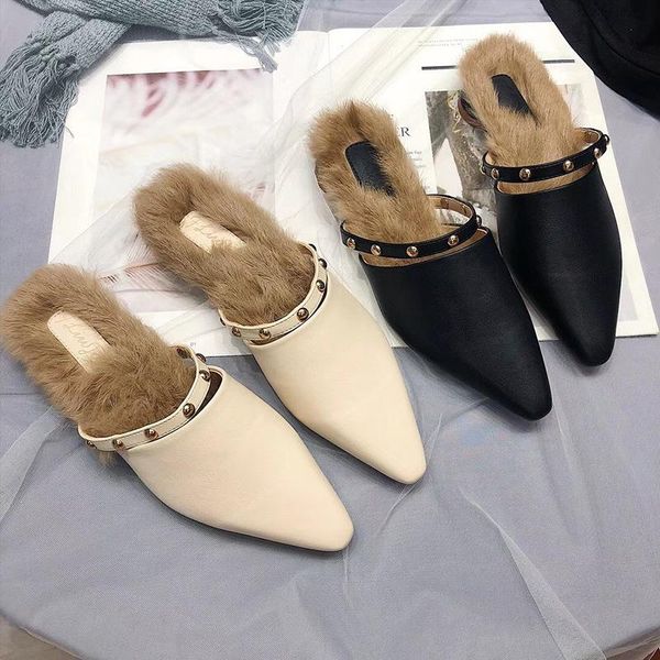slippers outside fashion fluffy fur women mixed colors rivet sewing closed toe ladies slides flat with low winter shoes, Black
slippers outside fashion fluffy fur women mixed colors rivet sewing closed toe ladies slides flat with low winter shoes, Black
