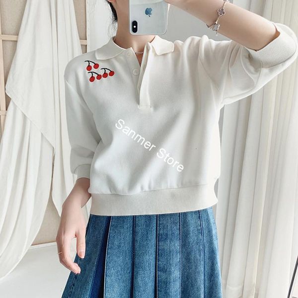 t shirt cherry embroidered women tees lantern sleeve turn-down collar three colors lady knitted short pullover with buttons, White
t shirt cherry embroidered women tees lantern sleeve turn-down collar three colors lady knitted short pullover with buttons, White
