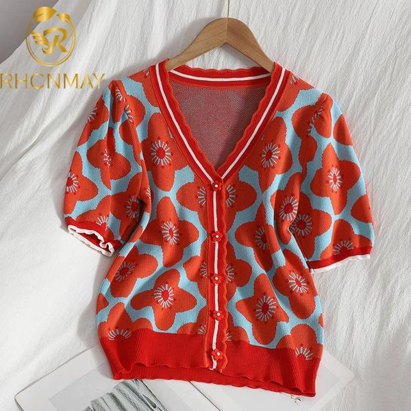 women's knits & tees fashion summer vintage floral print short sleeve v-neck woman sweater single breasted knitted cardigans, White
women's knits & tees fashion summer vintage floral print short sleeve v-neck woman sweater single breasted knitted cardigans, White