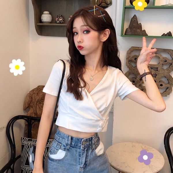 women's t-shirt v-neck solid colo rmodis button short sleeve casual t-shirts fashion brand summer camisa feminina crop, White
women's t-shirt v-neck solid colo rmodis button short sleeve casual t-shirts fashion brand summer camisa feminina crop, White
