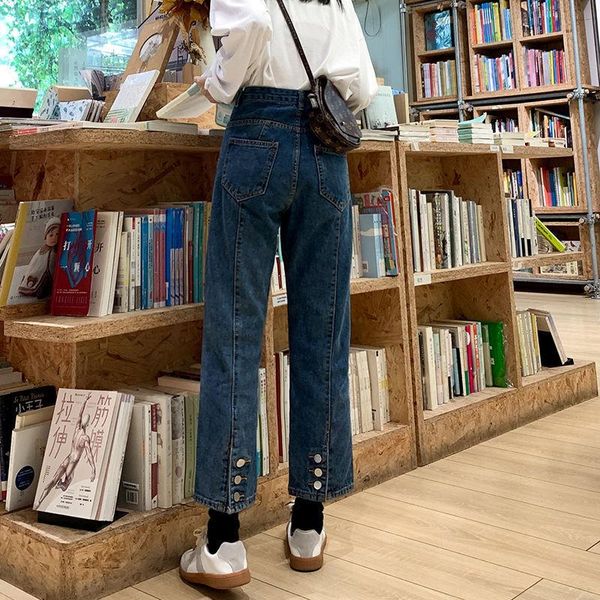 women's jeans 2021 korean retro high waist slim straight female split single-breasted student pants, Blue
women's jeans 2021 korean retro high waist slim straight female split single-breasted student pants, Blue