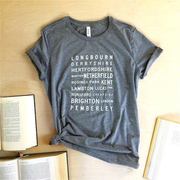 pride and prejudice locations typography womens jane austen tee, White
