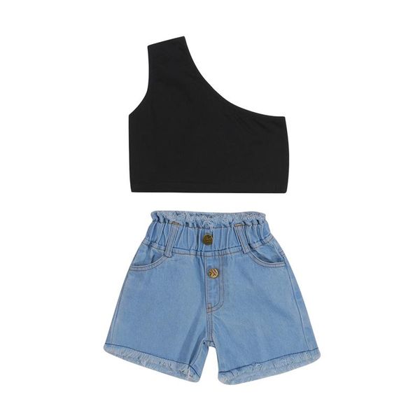 1-6y toddler kids baby girl clothes sets 2pcs one shoulder solid pullover vest denim button shorts clothing, White
1-6y toddler kids baby girl clothes sets 2pcs one shoulder solid pullover vest denim button shorts clothing, White