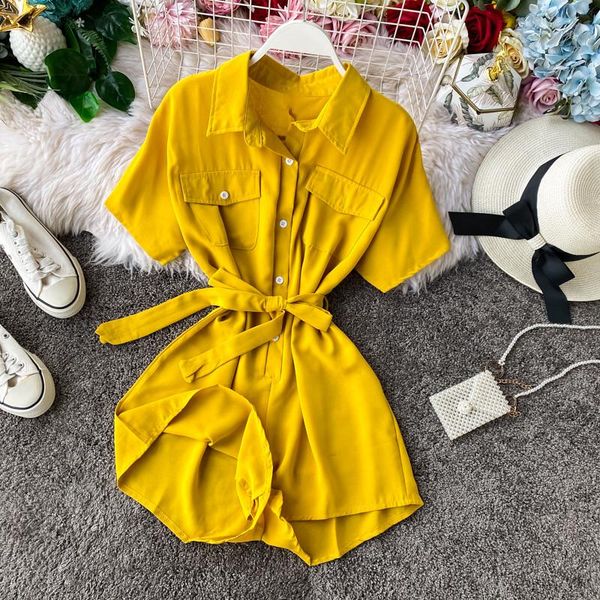 women's jumpsuits & rompers summer romper solid buttons pockets women short sleeve chiffon playsuits bodysuits ladies slim belt bandage, Black;white
women's jumpsuits & rompers summer romper solid buttons pockets women short sleeve chiffon playsuits bodysuits ladies slim belt bandage, Black;white