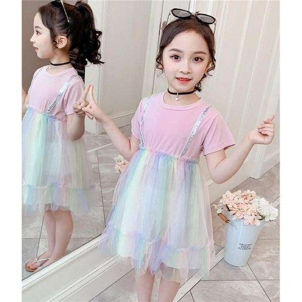 girl\u2021s summer casual short-sleeved dress fashion sequin shoulder straps rainbow mesh yarn stitching cute girl's dresses, Red;yellow
girl\u2021s summer casual short-sleeved dress fashion sequin shoulder straps rainbow mesh yarn stitching cute girl's dresses, Red;yellow