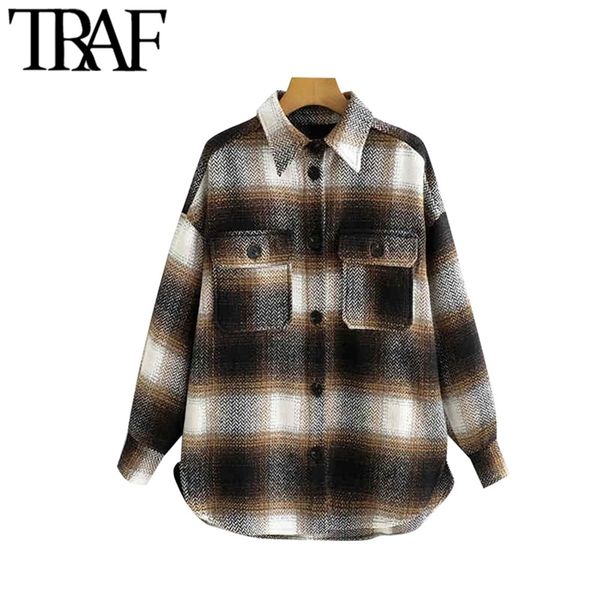 women vintage stylish plaid oversized woolen jacket coat fashion long sleeve pockets loose female outerwear chic 210507, Black;brown
women vintage stylish plaid oversized woolen jacket coat fashion long sleeve pockets loose female outerwear chic 210507, Black;brown