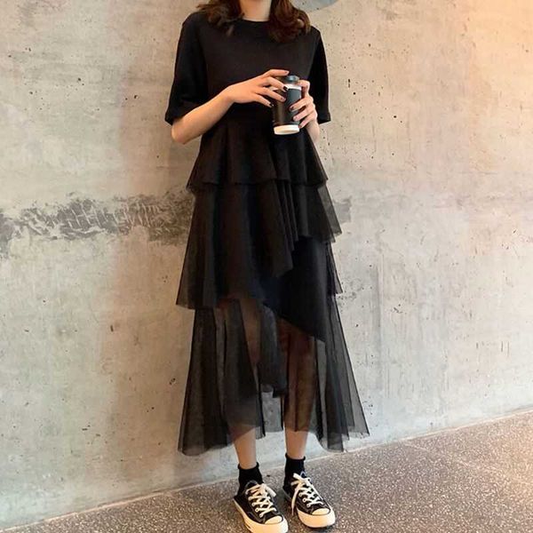 summer korean splicing pleated tulle t shirt dres big size black gray color clothes fashion 210601
summer korean splicing pleated tulle t shirt dres big size black gray color clothes fashion 210601