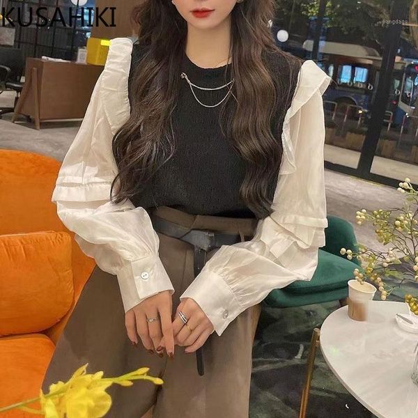women's blouses & shirts kusahiki hit color fake two pieces blouse shirt chic ruffle lantern sleeve womens 2021 autumn o-neck blusas d, White
women's blouses & shirts kusahiki hit color fake two pieces blouse shirt chic ruffle lantern sleeve womens 2021 autumn o-neck blusas d, White