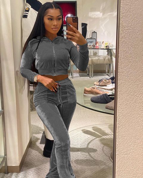 women two piece pants outfits velour tracksuits set long sleeve zipper crop jackets and flared long pant sets, White
women two piece pants outfits velour tracksuits set long sleeve zipper crop jackets and flared long pant sets, White