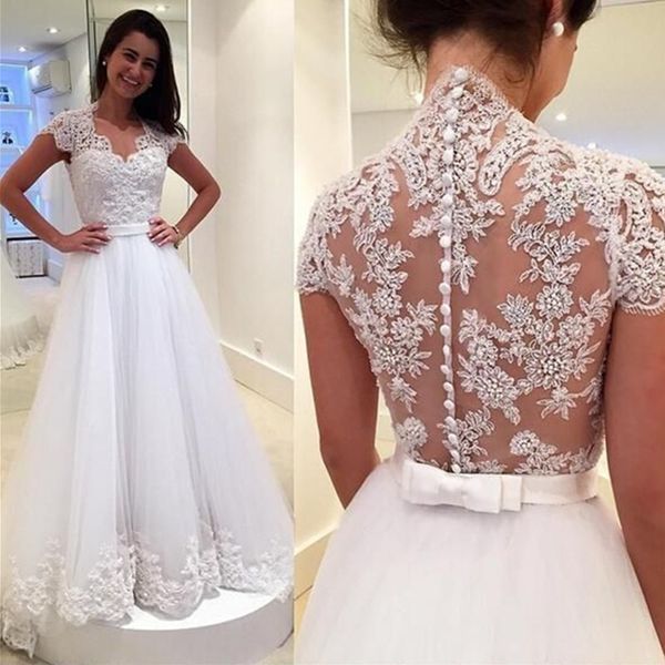 new design illusion bridal gowns scoop neck appliqued cap sleeves a line wedding dresses floor length, White
new design illusion bridal gowns scoop neck appliqued cap sleeves a line wedding dresses floor length, White