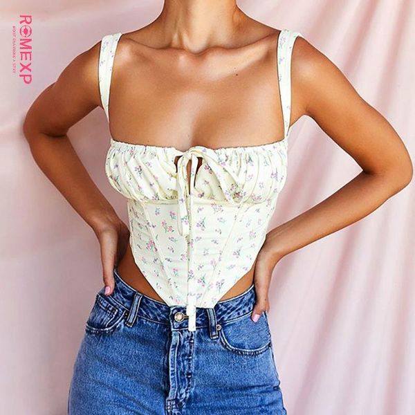 

women's tanks & camis romexp floral corset women sweet print hollow up tie crop summer sleeveless ruched boning bustier casual tank 44c, White