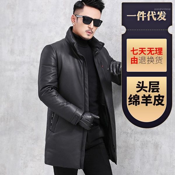 men's leather & faux haining coat winter standing collar mid long head layer sheep skin down jacket thickened, Black
men's leather & faux haining coat winter standing collar mid long head layer sheep skin down jacket thickened, Black
