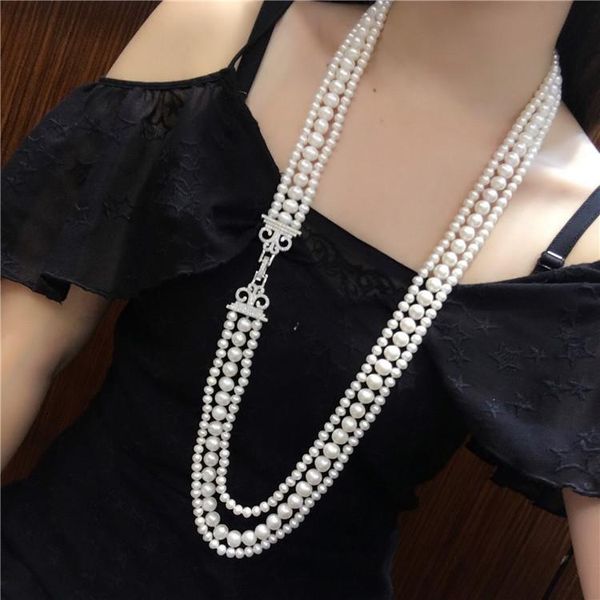 chains hand knotted natural 3rows white freshwater pearl temperament micro inlay zircon clasp tassel necklace fashion jewelry, Silver 
chains hand knotted natural 3rows white freshwater pearl temperament micro inlay zircon clasp tassel necklace fashion jewelry, Silver