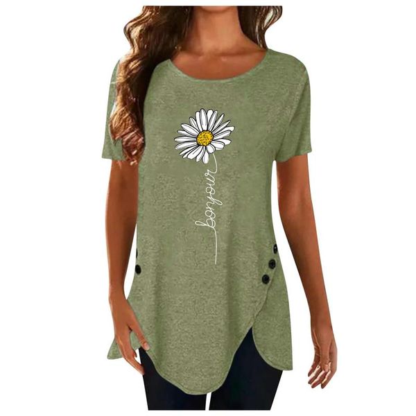 ladies summer short sleeve printed t-shirt fashion irregular button round neck flower female women's, White
ladies summer short sleeve printed t-shirt fashion irregular button round neck flower female women's, White