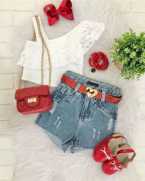 1-6years fashion kids girls summer clothes 2pcs laec flower one shoulder cropped + irregular hem ripped short jeans outfits clothing set, White
1-6years fashion kids girls summer clothes 2pcs laec flower one shoulder cropped + irregular hem ripped short jeans outfits clothing set, White