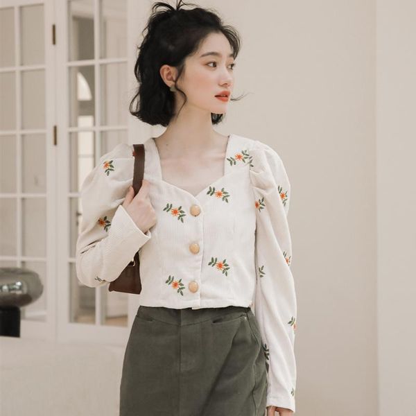 women's t-shirt long sleeve women neck bubble corduroy embroidered hong kong style short high waist early autumn, White
women's t-shirt long sleeve women neck bubble corduroy embroidered hong kong style short high waist early autumn, White