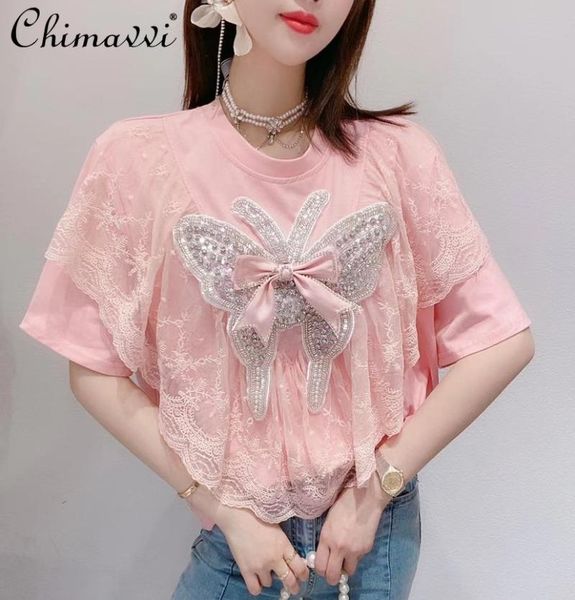 women's t-shirt kawaii girl summer beaded rhinestone butterfly bow lace ruffled stitching women loose short sleeve top, White
women's t-shirt kawaii girl summer beaded rhinestone butterfly bow lace ruffled stitching women loose short sleeve top, White
