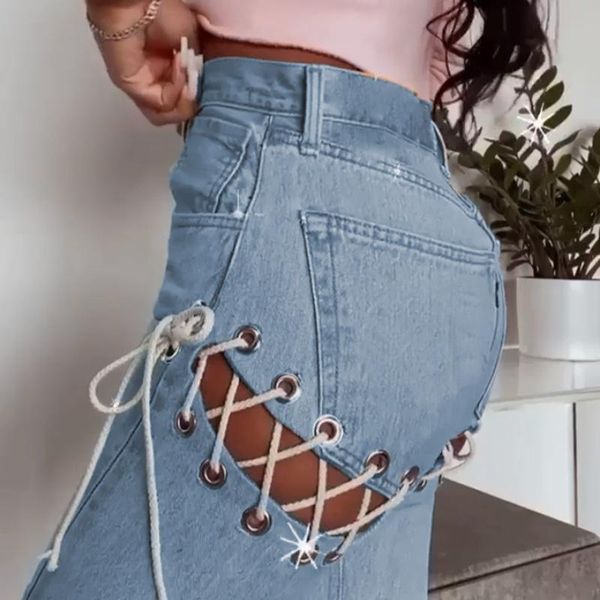 women's jeans style women high waist hollow out lace up straight pants summer stretch denim party wear female casual, Blue
women's jeans style women high waist hollow out lace up straight pants summer stretch denim party wear female casual, Blue