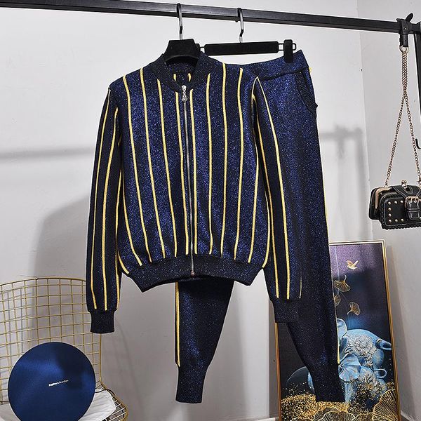 women's two piece pants fashion dark blue bright silk gold stripe tracksuits set women loose knitted cardigan sweater pencil outfits 2p, White
women's two piece pants fashion dark blue bright silk gold stripe tracksuits set women loose knitted cardigan sweater pencil outfits 2p, White