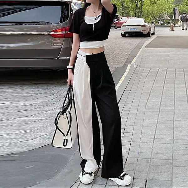 women's jeans stitching trousers two-piece set short sleeve black and white patchwork casual wide leg pants streetwear women e, Blue
women's jeans stitching trousers two-piece set short sleeve black and white patchwork casual wide leg pants streetwear women e, Blue