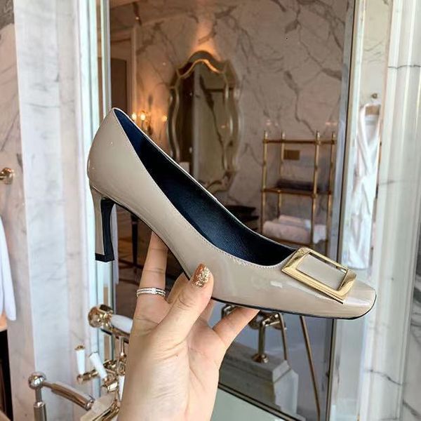 rv elephant grey square buckle banana heel high s women's commuting ol patent leather head wedding sho thick medium