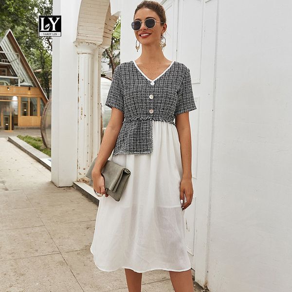 dresses women v neck knee-length elegant button decorate patchwork summer high waist black dress vestidos, Black;gray
dresses women v neck knee-length elegant button decorate patchwork summer high waist black dress vestidos, Black;gray