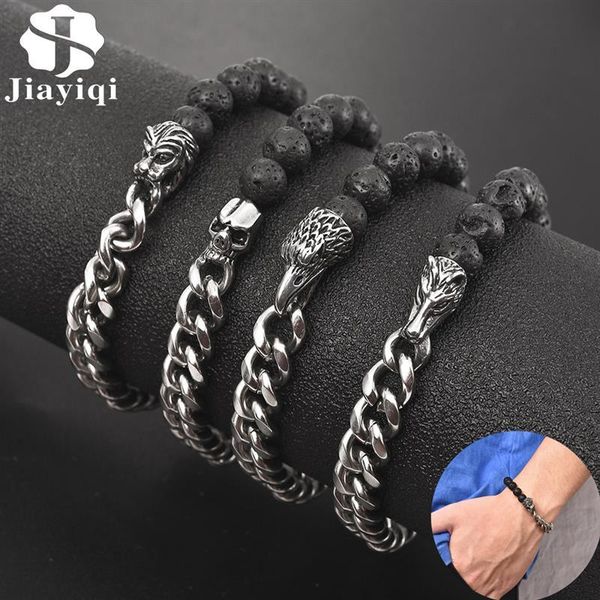 link, chain jiayiqi punk bracelet natural stone beads stainless steel bracelets animal charms bangle eagle wolf lion skull men jewelry, Black
link, chain jiayiqi punk bracelet natural stone beads stainless steel bracelets animal charms bangle eagle wolf lion skull men jewelry, Black