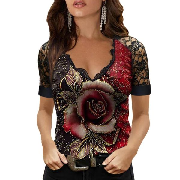 women's t-shirt lace patchwork women t shirt summer female short sleeve slim rose print tee v neck casual party clothes d30, White
women's t-shirt lace patchwork women t shirt summer female short sleeve slim rose print tee v neck casual party clothes d30, White