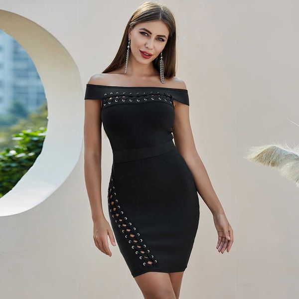 women off the shoulder black mini bodycon bandage dress lacing summer chic evening celebrity party vestido 210527, Black;gray
women off the shoulder black mini bodycon bandage dress lacing summer chic evening celebrity party vestido 210527, Black;gray