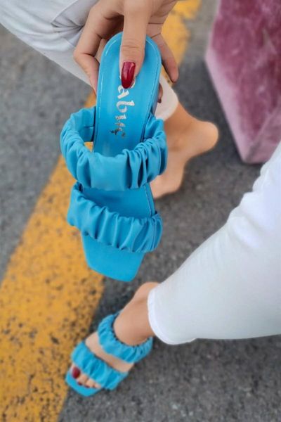 slippers elva leather duffle tape detailed baby blue thick high-heeled, Black 
slippers elva leather duffle tape detailed baby blue thick high-heeled, Black