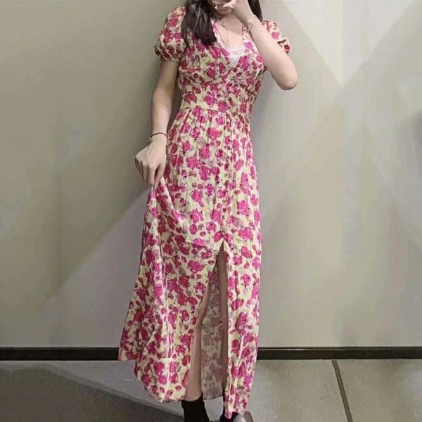 party dresses women summer dress bohemian puff sleeve pleated split light pink floral print v-neck mid-length robe femme vetement, White;black
party dresses women summer dress bohemian puff sleeve pleated split light pink floral print v-neck mid-length robe femme vetement, White;black