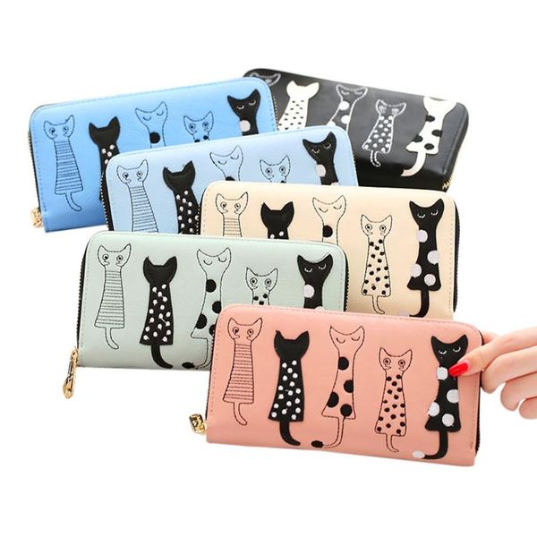 wallets women cat cartoon wallet long casual zip clutch pu leather coin purse id cards holder jan88, Red;black