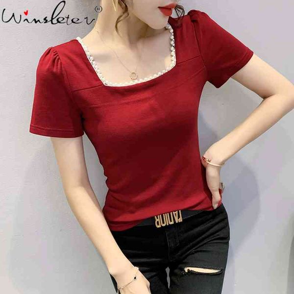 women's t-shirt summer european style cotton solid fashion square neck shiny beading women short sleeve all match tees t, White
women's t-shirt summer european style cotton solid fashion square neck shiny beading women short sleeve all match tees t, White