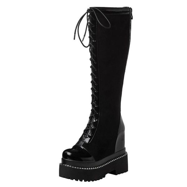 boots handmade genuine leather height increasing women super high heel chunky platform cross tied patent knee, Black
boots handmade genuine leather height increasing women super high heel chunky platform cross tied patent knee, Black